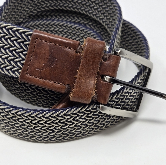 TOMMY BAHAMA BRAIDED WOVEN STRETCH BELT BLUE & KHAKI BROWN LEATHER END MEN L/XL - Picture 6 of 12